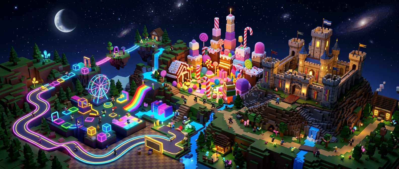 Isometric voxel landscape: neon obby track, candy kingdom, medieval castle — sample worlds generated by PromptBlox