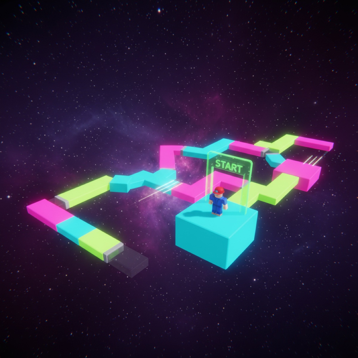Stylized neon obby course floating in a cosmic starfield — example PromptBlox output