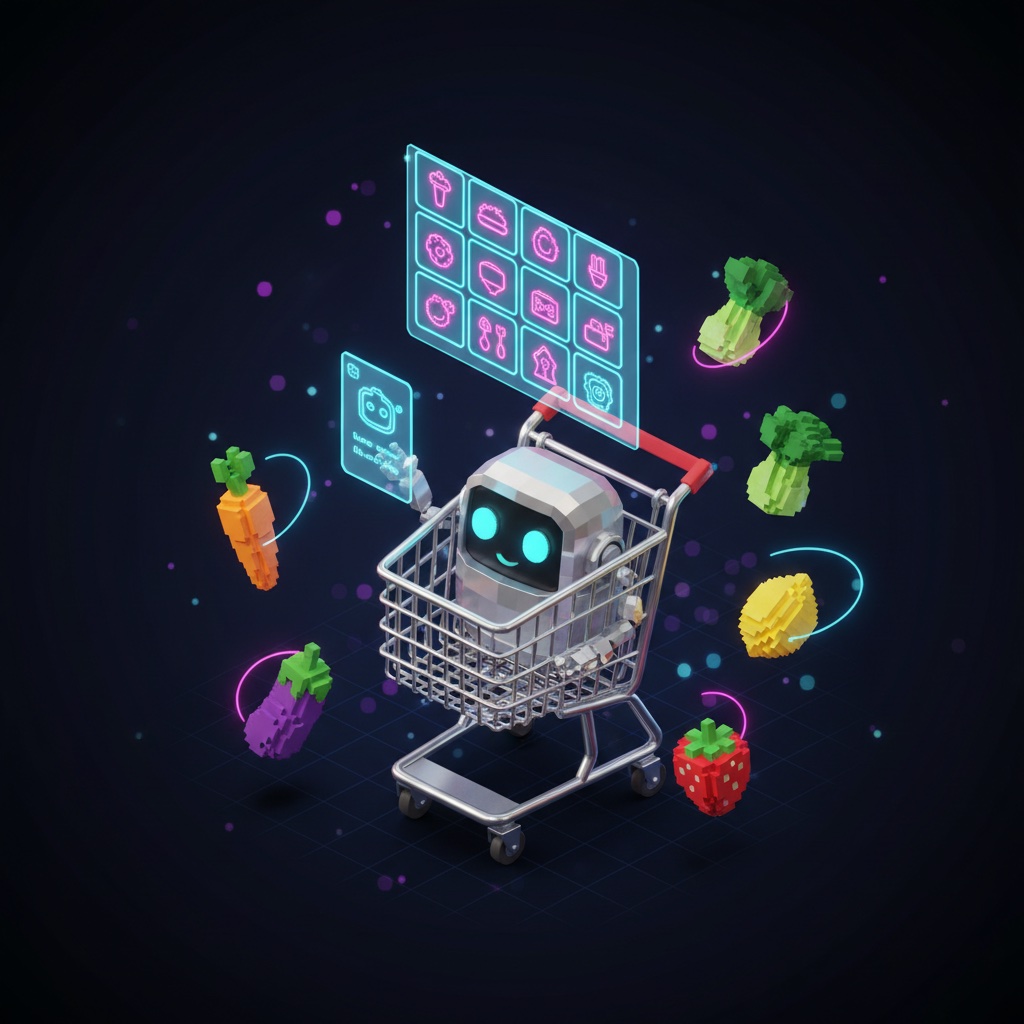 SmartCart AI mascot — chrome shopping cart robot surrounded by floating groceries and holographic meal plan